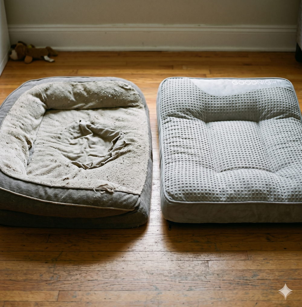Side-by-side comparison: generic bed cratered vs PawTherapy holding shape