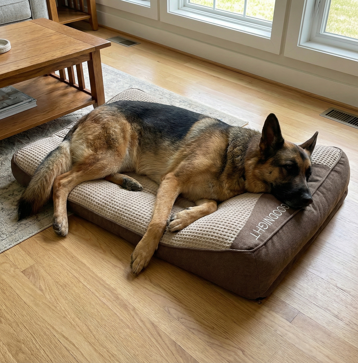 Senior dog sleeping deeply on hardwood floor